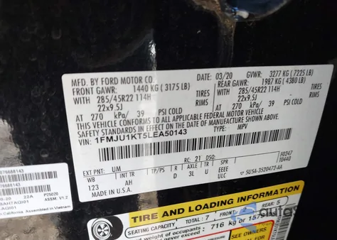 2020 Ford Expedition Limited z USA, uszkodzony, nr VIN 1FMJU1KT5LEA50143